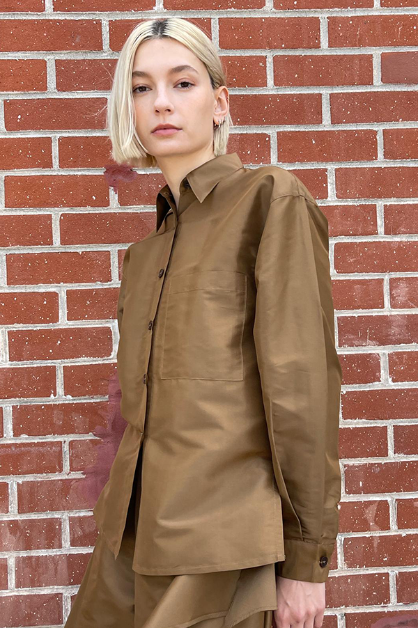 Chelsea mak Tomo silk button up shirt in sepia/brown